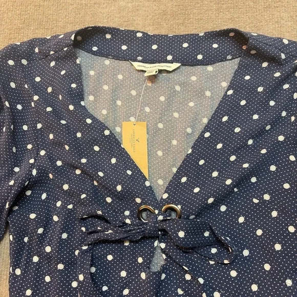 American Eagle Navy Polka Dot Lace Up Midi Dress XS NWT 1932 - Picture 2 of 5